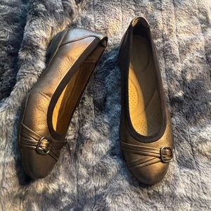 Clarks Metallic Gunmetal Ballet Flats with Buckle Detail